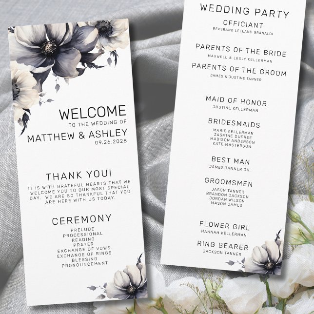 Elegant Modern Black White Floral Wedding Ceremony Program (Elegant Modern Floral Black White Wedding Ceremony Program)