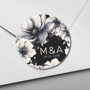 Elegant Modern Black White Floral Wedding Classic Round Sticker