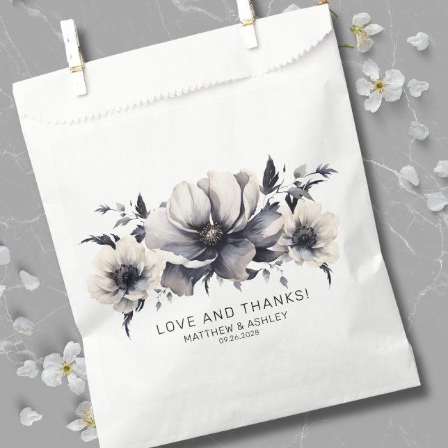 Elegant Modern Black White Floral Wedding Favour Bag (Elegant Modern Boho Floral Black White Wedding Favor Bag)