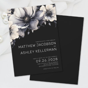 Elegant Modern Black White Floral Wedding Invitation