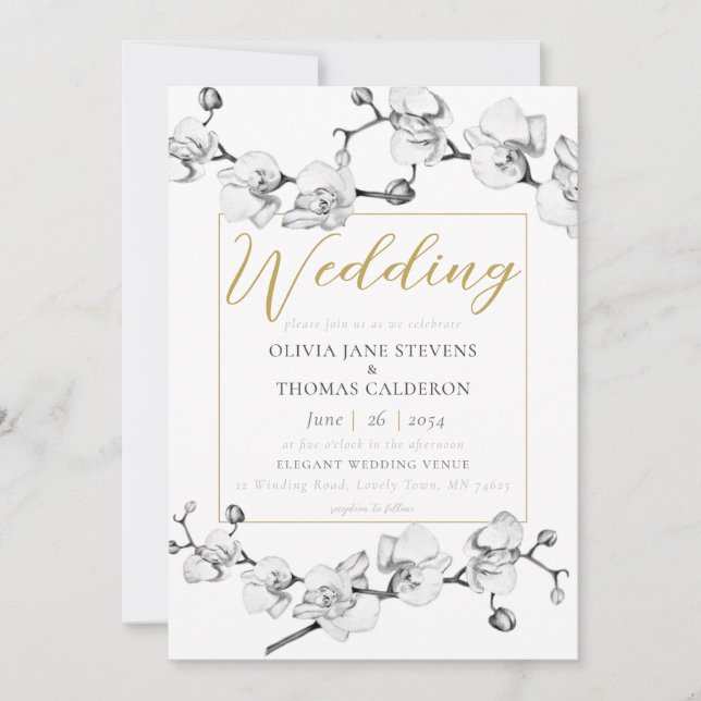 Elegant Modern Black White Gold Floral Wedding Invitation (Front)