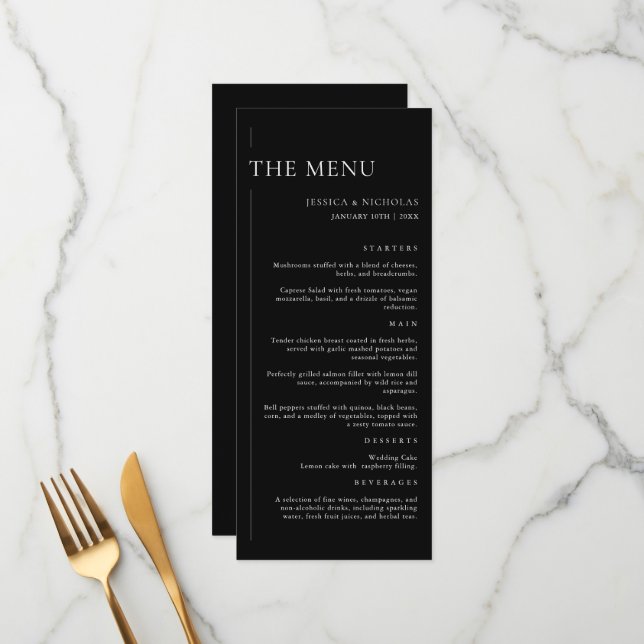 Elegant Modern Black & White Minimal Wedding Menu (Front/Back In Situ)