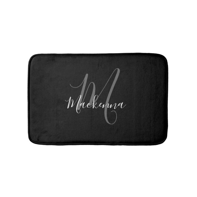 Elegant Modern Black White Monogram Script Name Bath Mat (Front)