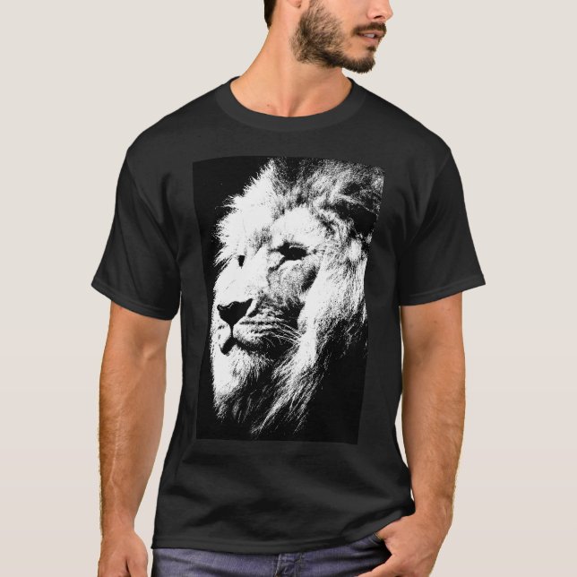 Elegant Modern Black White Pop Art Lion Head T-Shirt (Front)