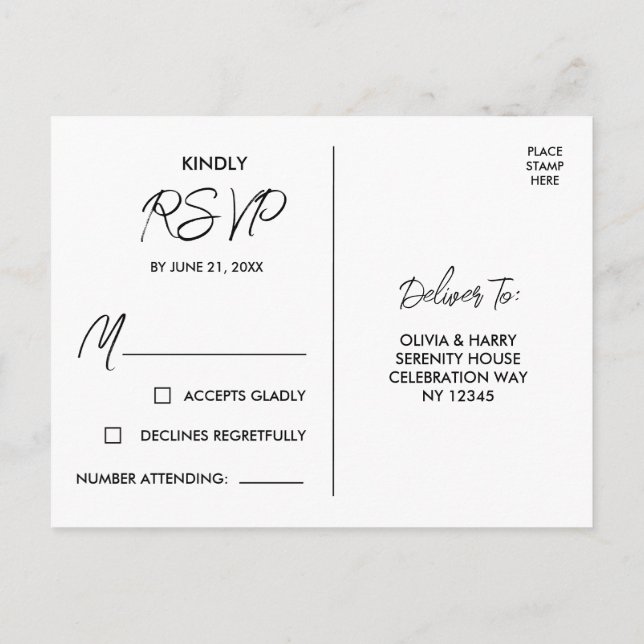 Elegant Modern Black White RSVP Postcard (Back)