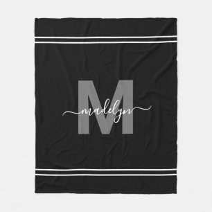 Elegant Modern Black White Script Name Monogram Fleece Blanket