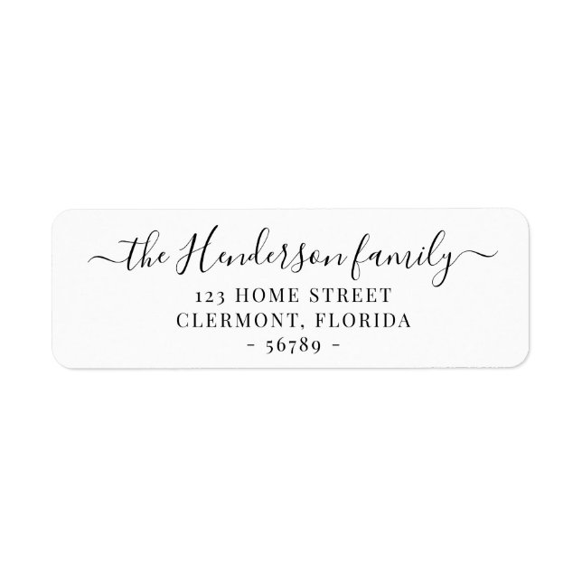 Elegant Modern Black White Script Return Address Label (Front)