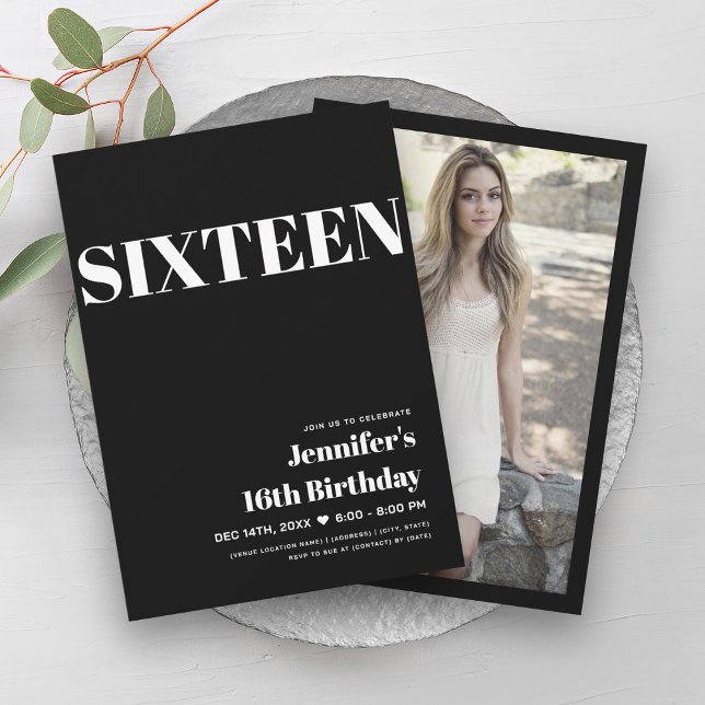 ELEGANT Modern Black & White Sweet 16 Typography  Invitation (ELEGANT Modern Black & White Sweet 16 Typography Invitation)