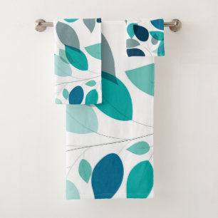 Elegant Modern Blue and Green Leaves Pattern Bath Towel Set