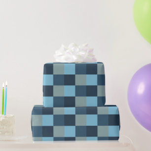 Elegant, Modern Blue and Grey Chequered, Geometric Wrapping Paper