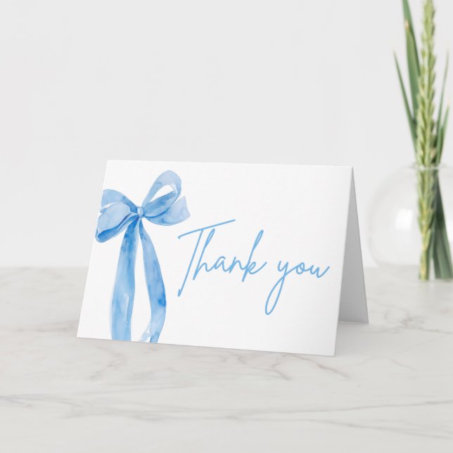 Elegant Modern Blue Bow She's Tying the Knot Thank You Card (Front)