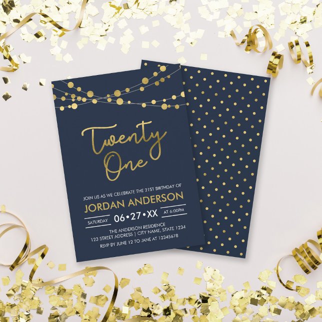 Elegant Modern Blue Faux Gold Lights 21st Birthday Invitation (Creator Uploaded)