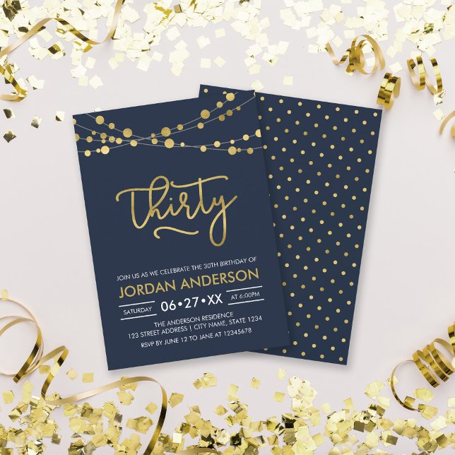 Elegant Modern Blue Faux Gold Lights 30th Birthday Invitation (Creator Uploaded)