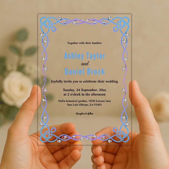 Elegant Modern Blue Floral Frame Wedding Acrylic Invitations (Creator Uploaded)