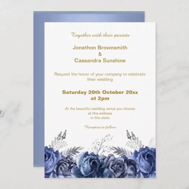 ELEGANT MODERN BLUE FLORAL SIMPLE WEDDING INVITATION (Front/Back)