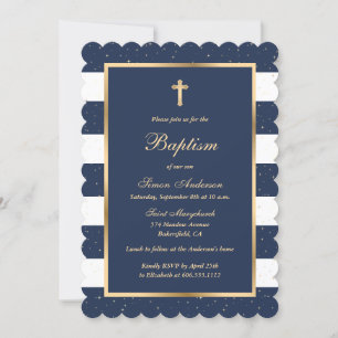 Elegant Modern Blue Gold Boy Baptism Invitation