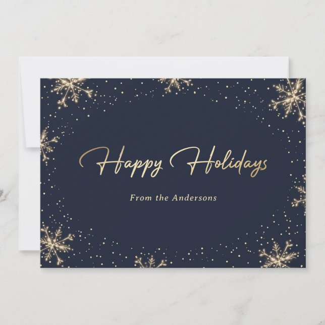 Elegant Modern Blue Gold Snowflake Holiday Card (Front)