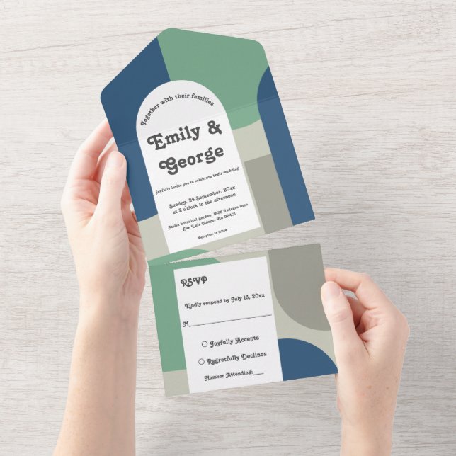 Elegant Modern Blue Green Grey Abstract Wedding All In One Invitation (Tearaway)