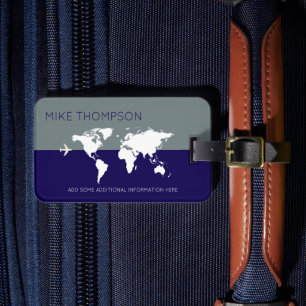 Elegant, modern blue grey worldmap TRAVEL Luggage Tag