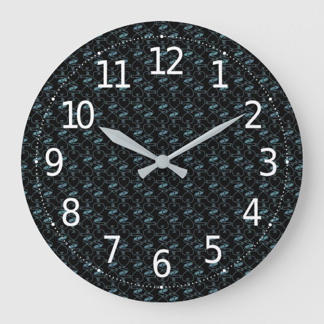 Elegant Modern Blue Hearts and Keys Pattern | Large Clock (Front)
