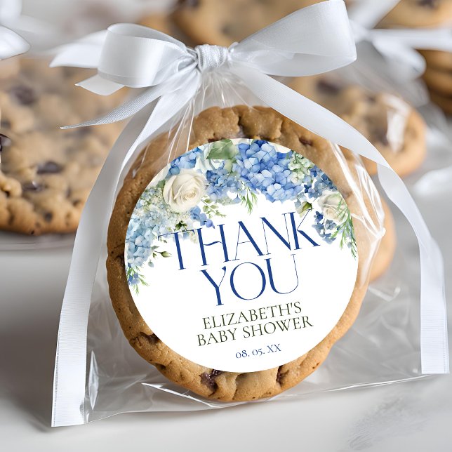 Elegant Modern Blue Hydrangea Floral Thank You Classic Round Sticker (Creator Uploaded)