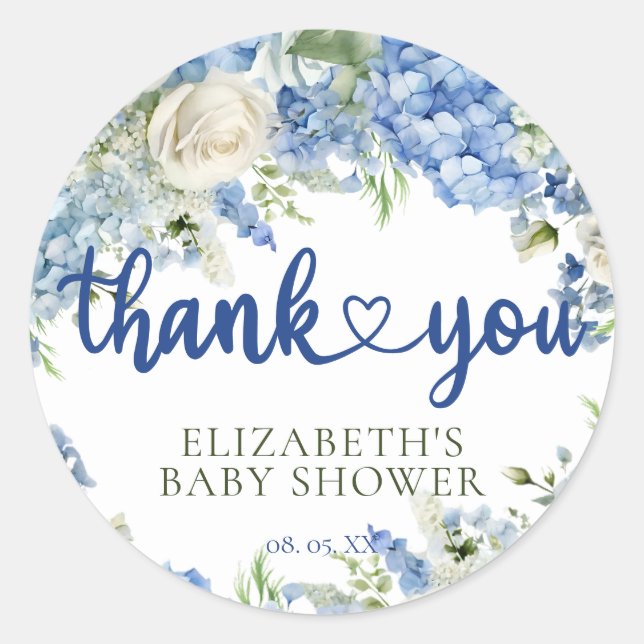 Elegant Modern Blue Hydrangea Floral Thank You Classic Round Sticker (Front)