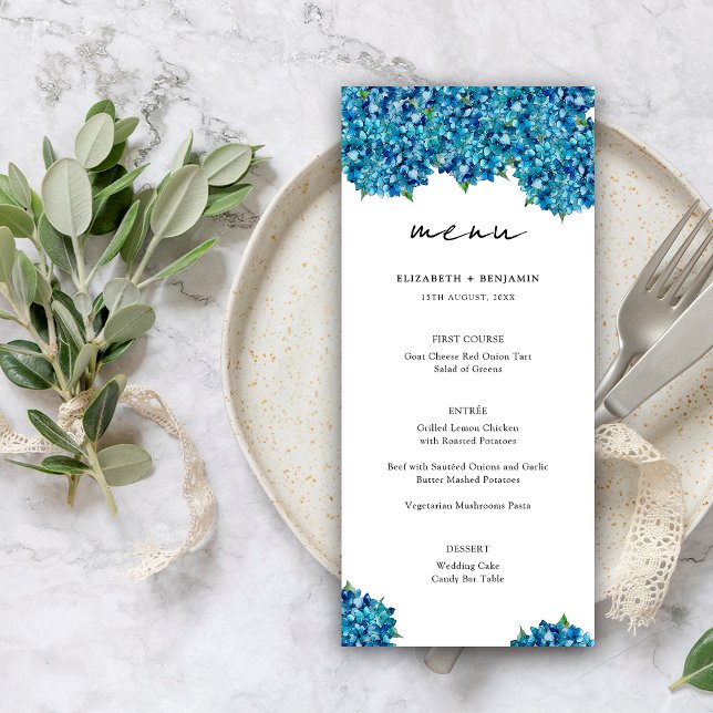  Elegant Modern Blue Hydrangeas Floral Wedding Menu (Creator Uploaded)