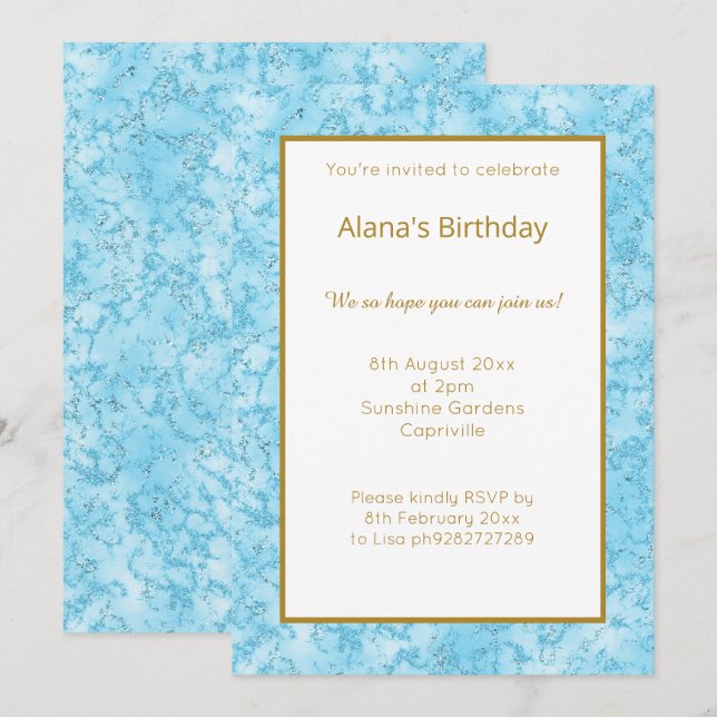 ELEGANT MODERN BLUE MARBLE GLITTER SIMPLE INVITATION (Front/Back)
