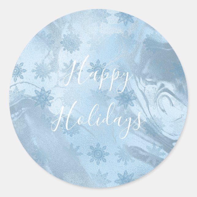 Elegant modern blue marble snowflake pattern classic round sticker (Front)