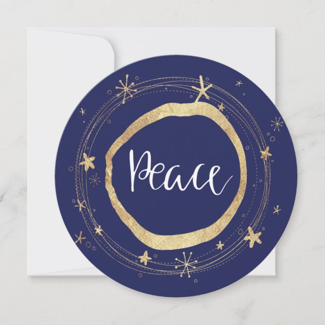 Elegant Modern Blue Peace Gold Star Holiday Card (Front)