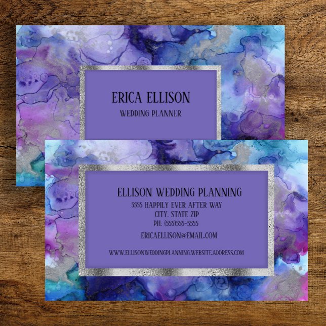 Elegant Modern Blue Purple Silver Wedding Business Card (Elegant blue and purple watercolor business card)
