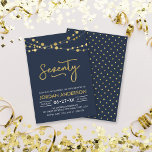 Elegant Modern Blue String of Lights 70th Birthday Invitation<br><div class="desc">Elegant 70th Birthday Party invitation featuring strings of lights and the word "Seventy" in faux gold against a dark blue background. Card includes a matching pattern back side. Check out other matching items here https://www.zazzle.com/collections/strings_of_lights_faux_gold_celebration_collection-119311942951401241?rf=238364477188679314 Personalise it by replacing the placeholder text to add your information. For more options click the...</div>