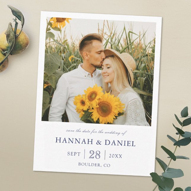 Elegant Modern Blue Text Photo Save the Date Announcement Postcard (Creator Uploaded)