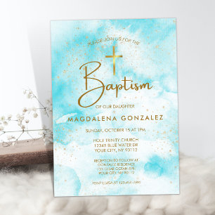 Elegant Modern Blue Watercolor Gold Cross Baptism Invitation