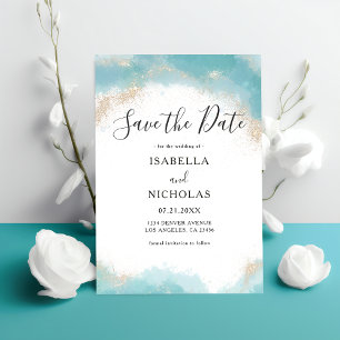 Elegant Modern Blue Watercolor Gold Wedding Save The Date
