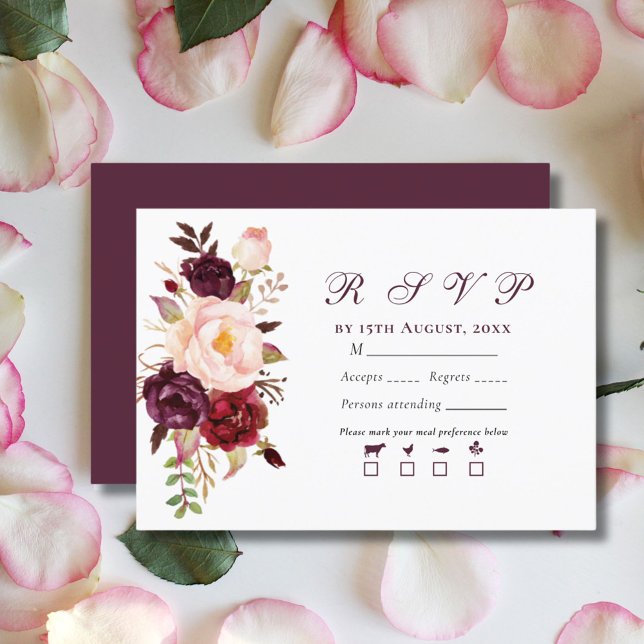 Elegant Modern Blush & Burgundy Bouquet Wedding RSVP Card (Creator Uploaded)