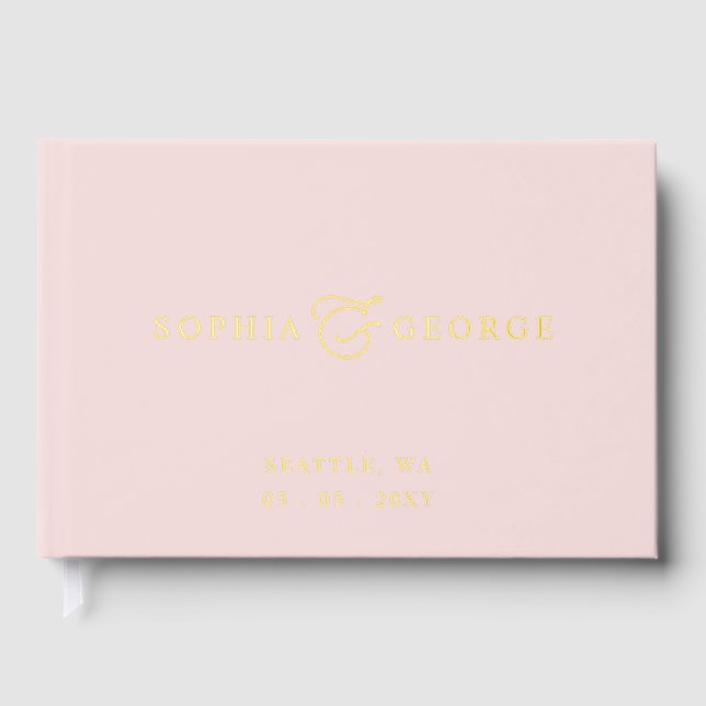 Elegant Modern Blush Pink and Gold Wedding Guest Book (Front)
