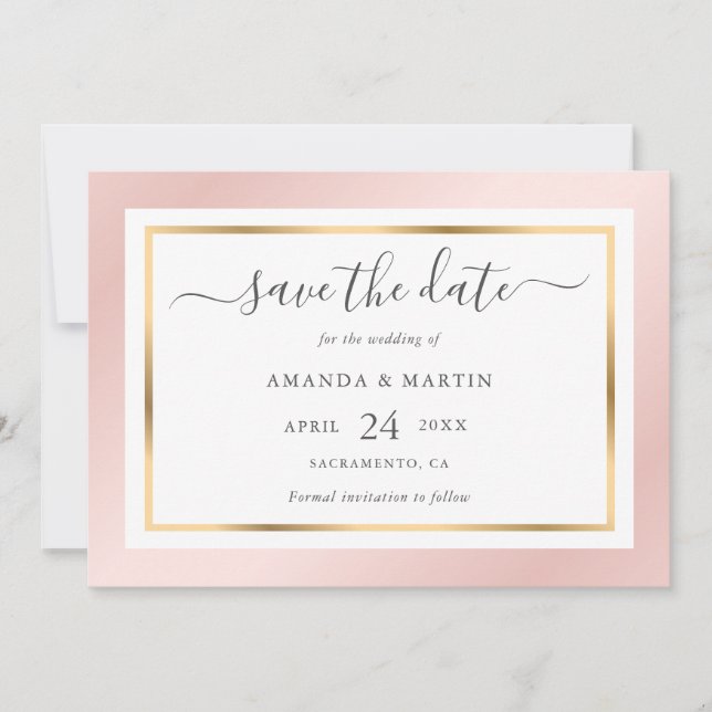 Elegant Modern Blush Pink and Gold Wedding Save The Date (Front)