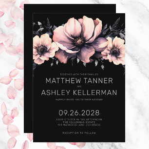 Elegant Modern Blush Pink Black Floral Wedding Invitation