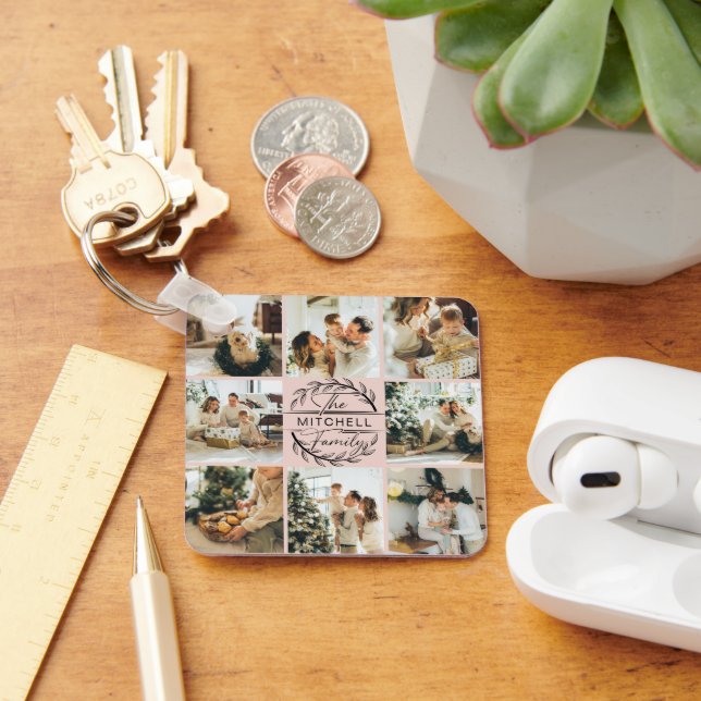 Elegant Modern Blush Pink Family Photo Collage Key Ring (Desk)