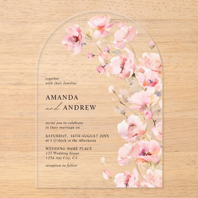  Elegant Modern Blush Pink Floral Photo Wedding Acrylic Invitations (Front)