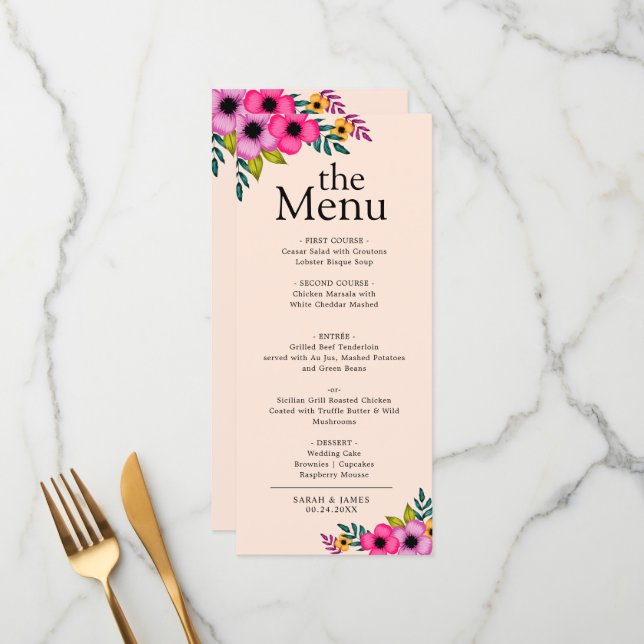  Elegant Modern Blush Pink Floral Rustic Dinner Menu (Front/Back In Situ)