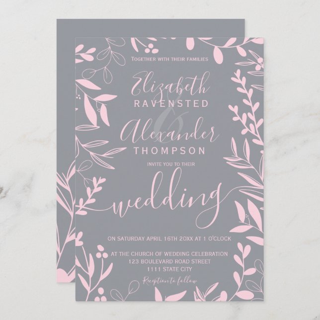 Elegant modern blush pink grey floral wedding invitation (Front/Back)