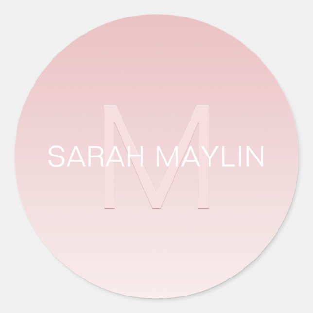 Elegant Modern Blush Pink Ombre Name & Monogram Classic Round Sticker (Front)