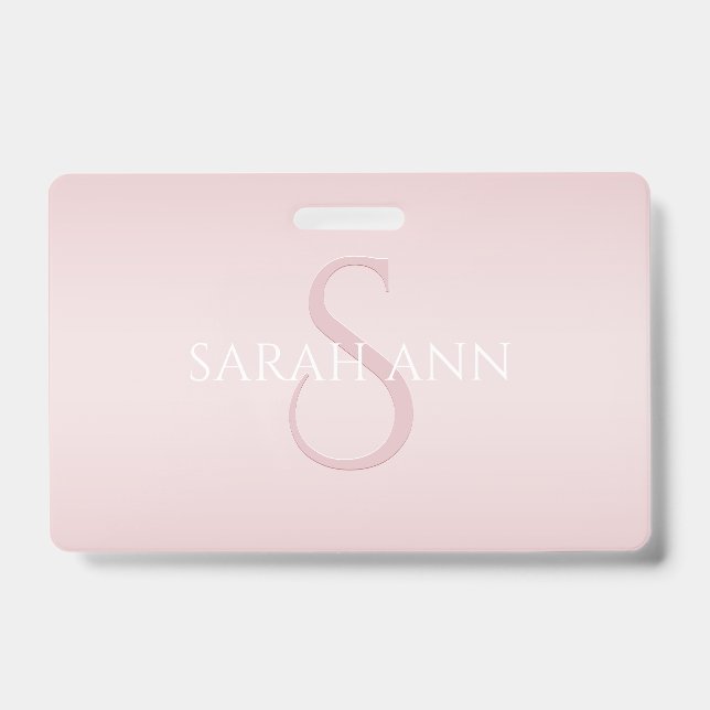 Elegant Modern Blush Pink Ombre Name & Monogram ID Badge (Front)