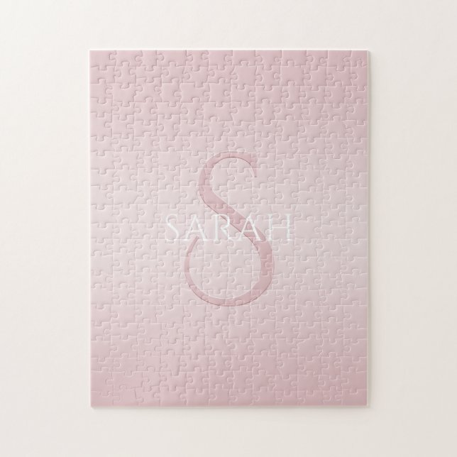 Elegant Modern Blush Pink Ombre Name & Monogram Jigsaw Puzzle (Vertical)