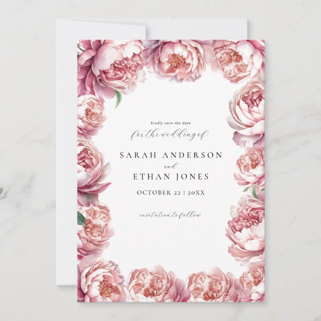 Elegant Modern Blush Pink Peony Floral Wedding Save The Date (Front)
