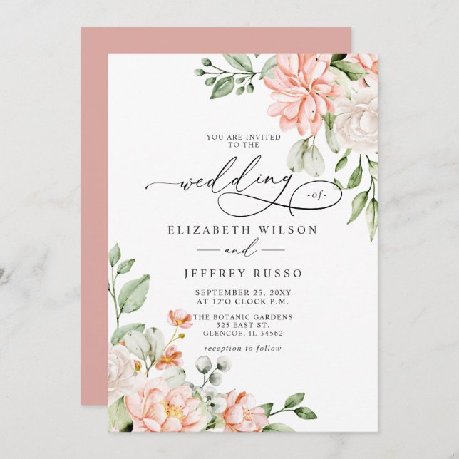 Elegant Modern Blush White Floral Wedding Invitation (Front/Back)