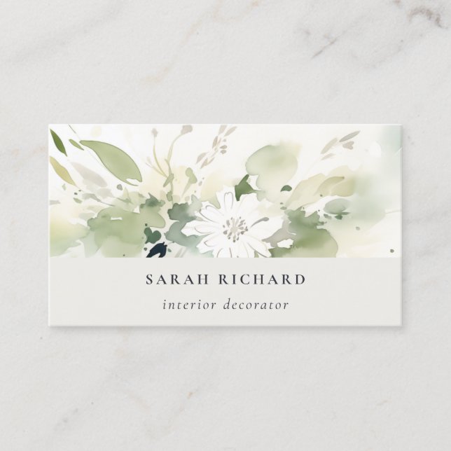 Elegant Modern Boho Abstract Green White Floral Business Card (Front)