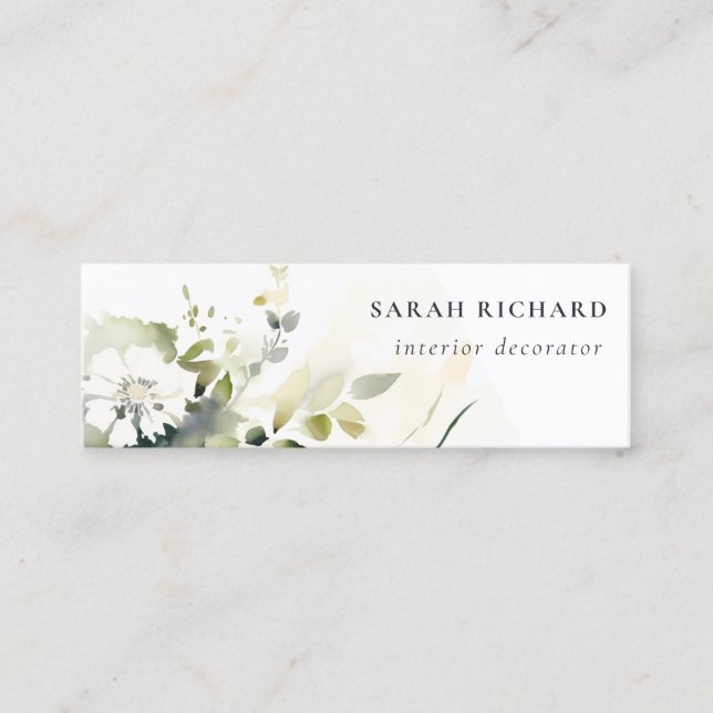 Elegant Modern Boho Abstract Green White Floral Mini Business Card (Front)